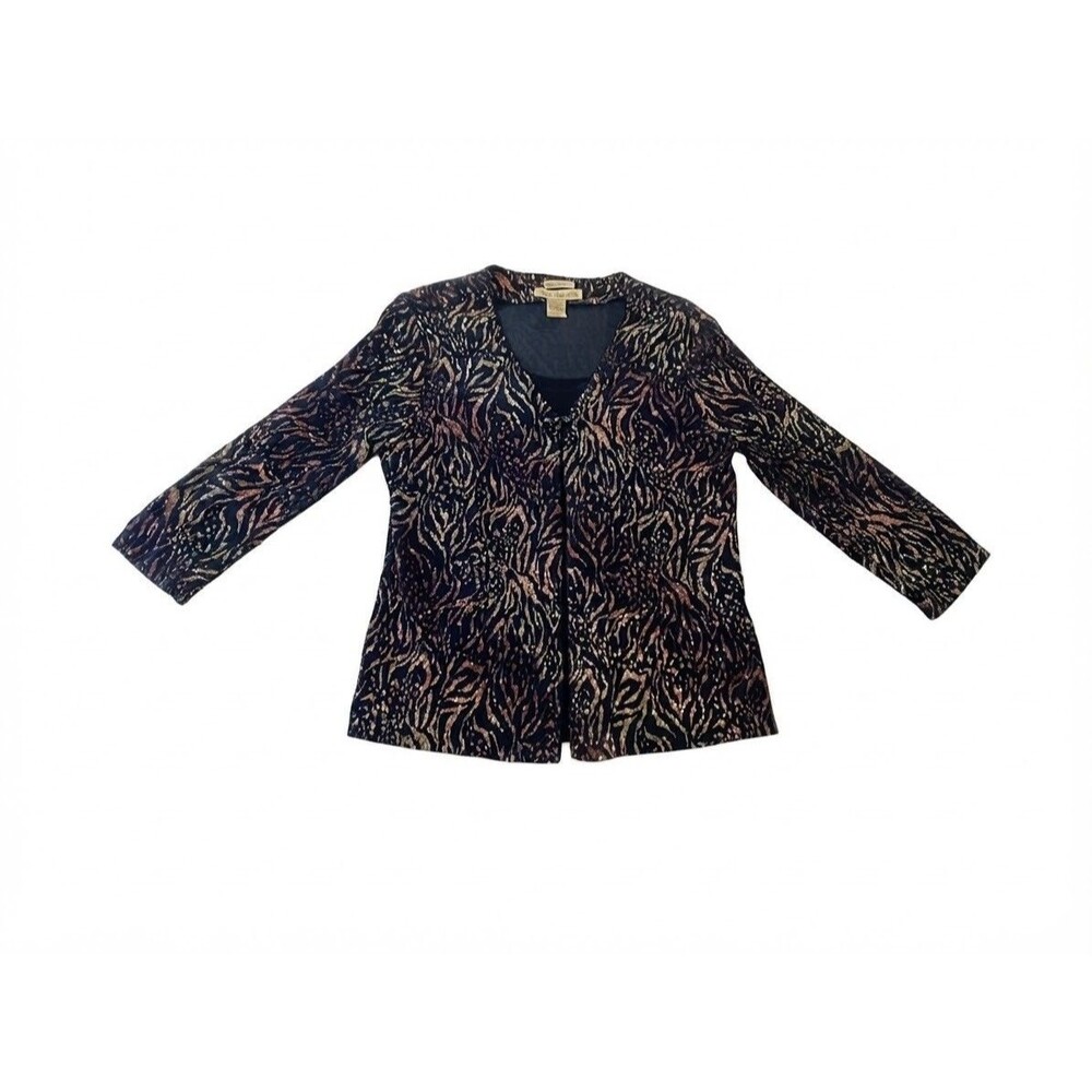 VTG Notations Womens Black Metallic Gold Animal Print Shrug Jacket Top Blouse M